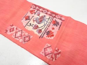手織り真綿紬　花鳥更紗模様織り出し　名古屋帯